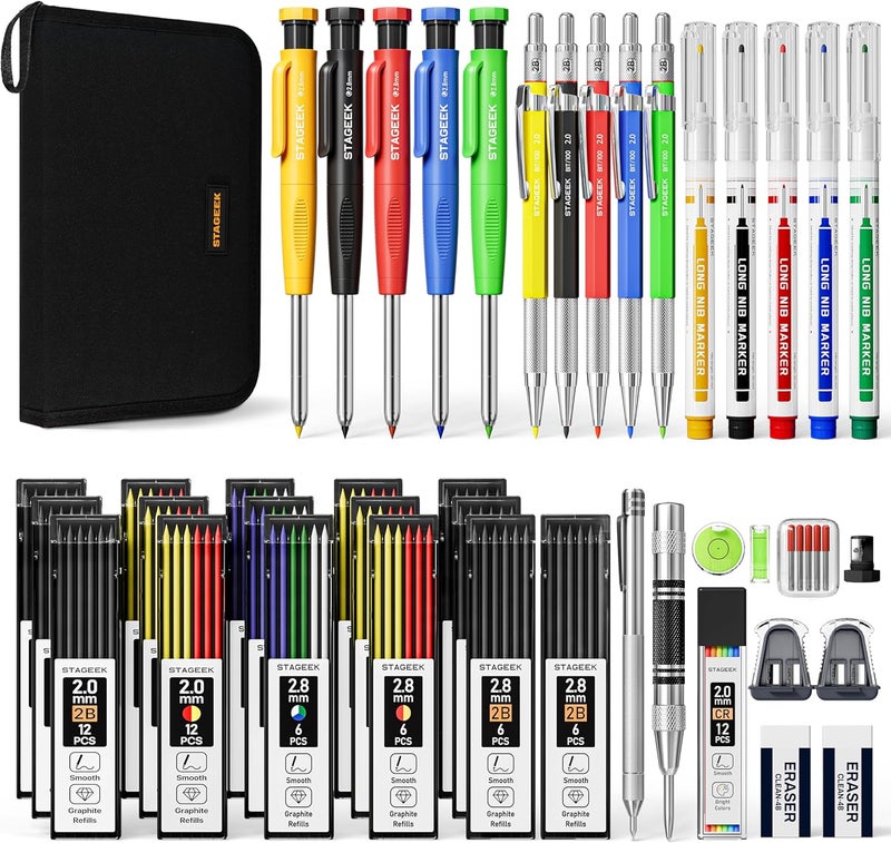 STAGEEK 49 Pack Carpenter Pencil Set with Sharpener, Carpenter Pencils with Deep Hole Long-Nib Marker Pens, Carbide Scribe Tool & Construction Pencil for Architect Woodworking with Case - Image 1